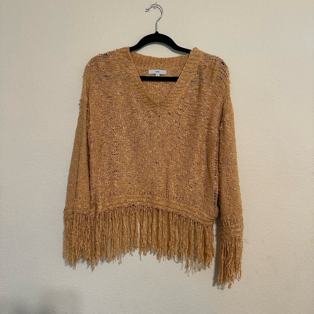 Fate Tan V-Neck Sweater with Fringe Detail